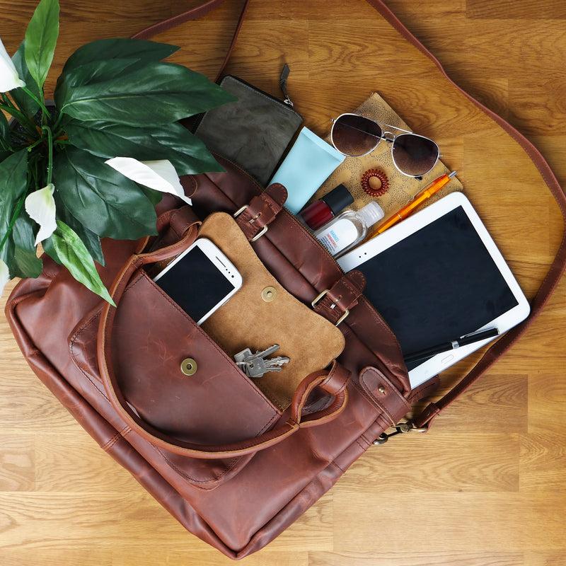 Leconi Schultertasche Henkeltasche Damentasche Handtasche Leder Braun LE0050