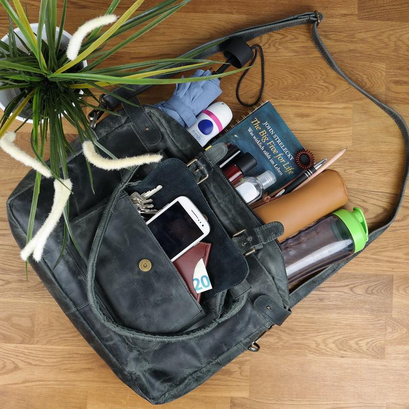 Leconi Schultertasche Henkeltasche Damentasche Handtasche Leder Grau LE0050