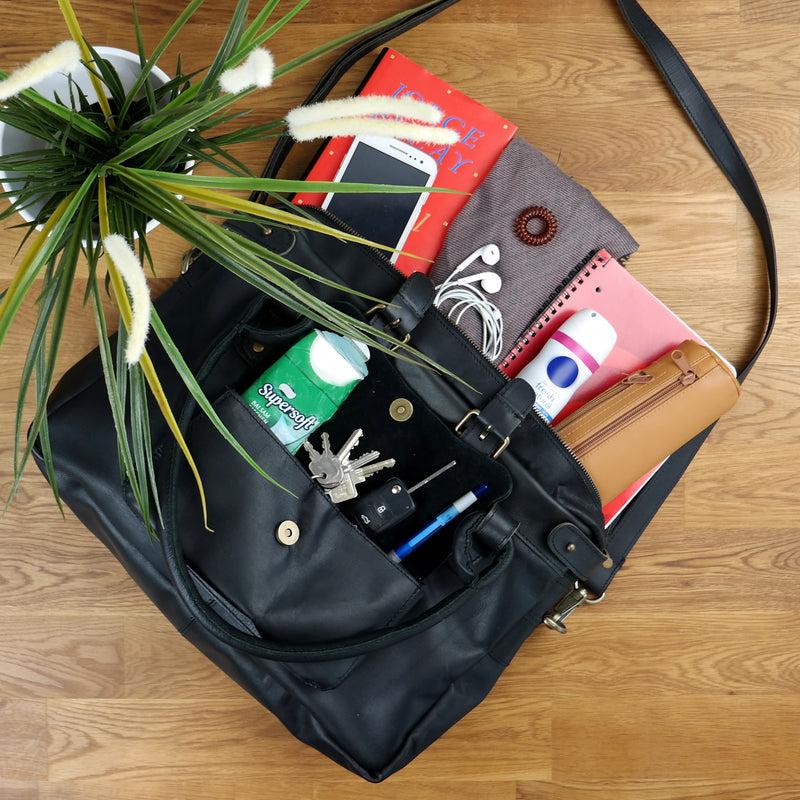 Leconi Schultertasche Henkeltasche Damentasche Handtasche Leder Schwarz LE0050