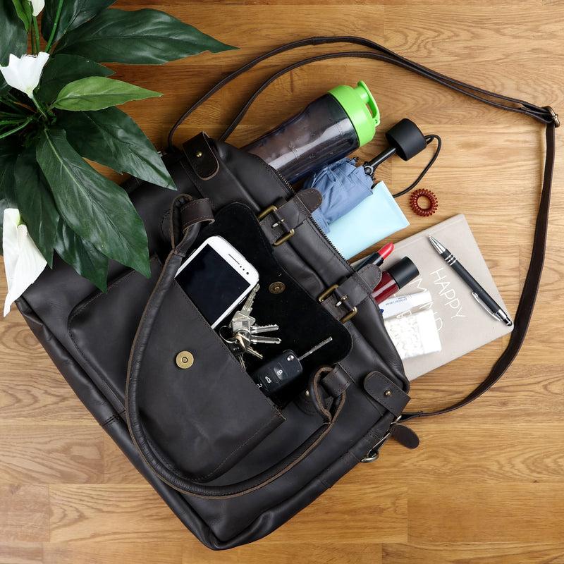 Leconi Schultertasche Henkeltasche Damentasche Handtasche Leder Dunkelbraun LE0050