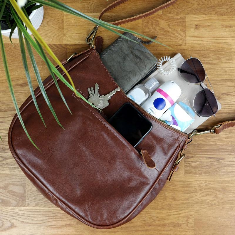 Leconi Schultertasche Henkeltasche Damentasche Leder Braun LE0063