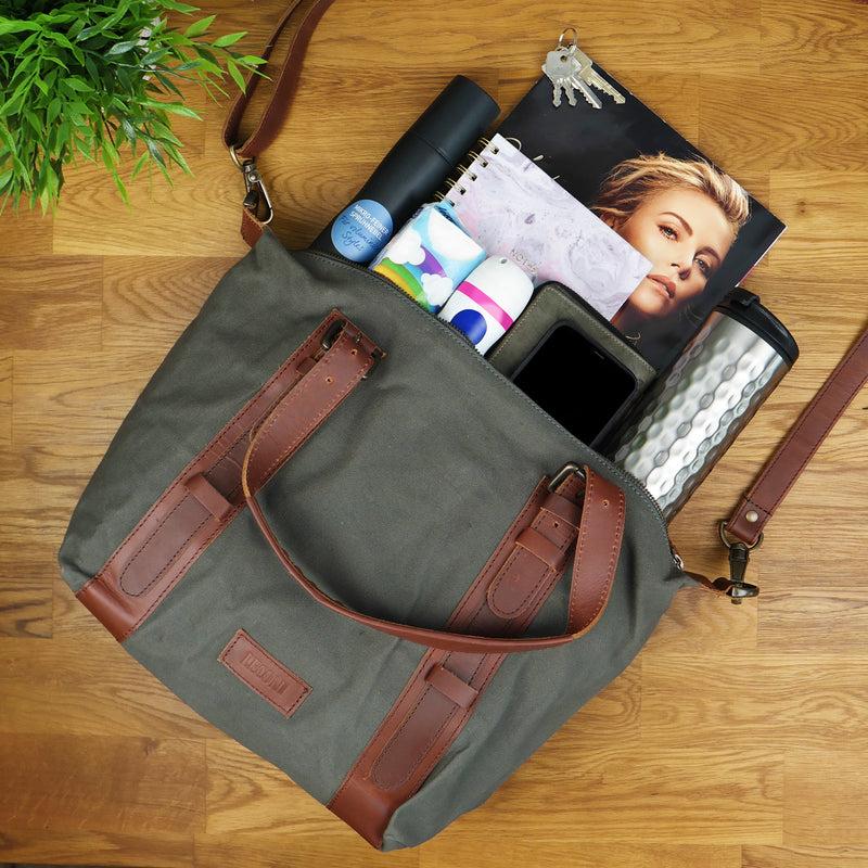 Leconi Schultertasche Henkeltasche Handtasche Leder Canvas Grau LE0049