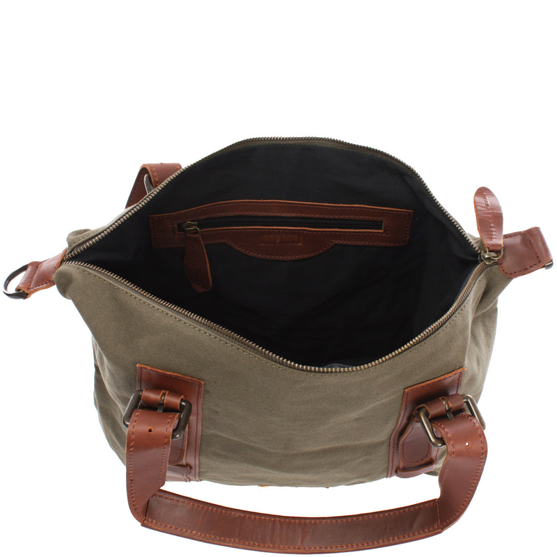 Leconi Schultertasche Henkeltasche Handtasche Leder Canvas Grün LE0049