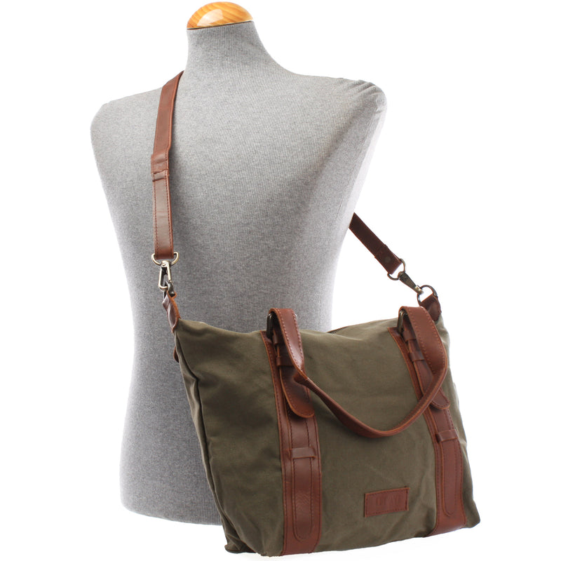 Leconi Schultertasche Henkeltasche Handtasche Leder Canvas Grün LE0049