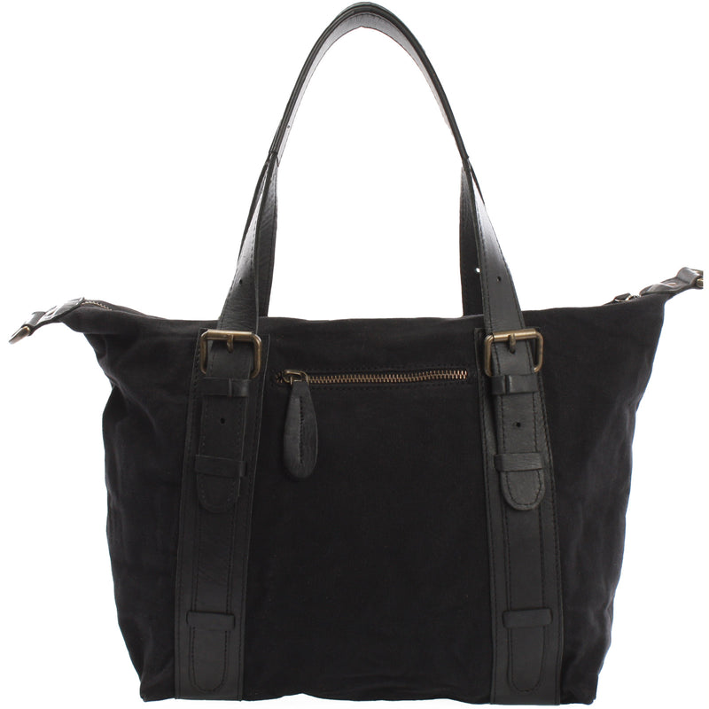 Leconi Schultertasche Henkeltasche Handtasche Leder Canvas Schwarz LE0049