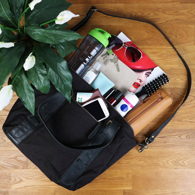 Leconi Schultertasche Henkeltasche Handtasche Leder Canvas Schwarz LE0049