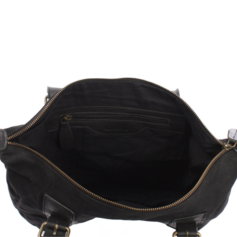 Leconi Schultertasche Henkeltasche Handtasche Leder Canvas Schwarz LE0049