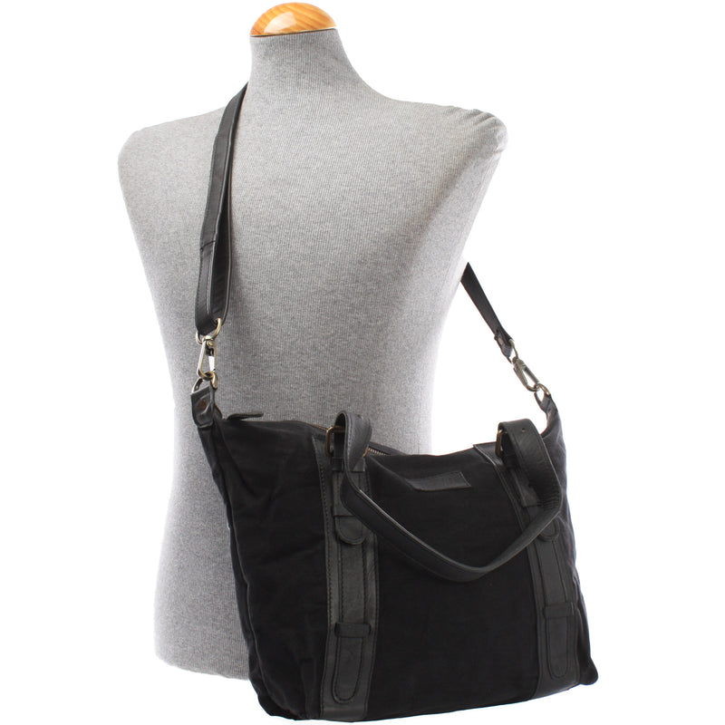 Leconi Schultertasche Henkeltasche Handtasche Leder Canvas Schwarz LE0049