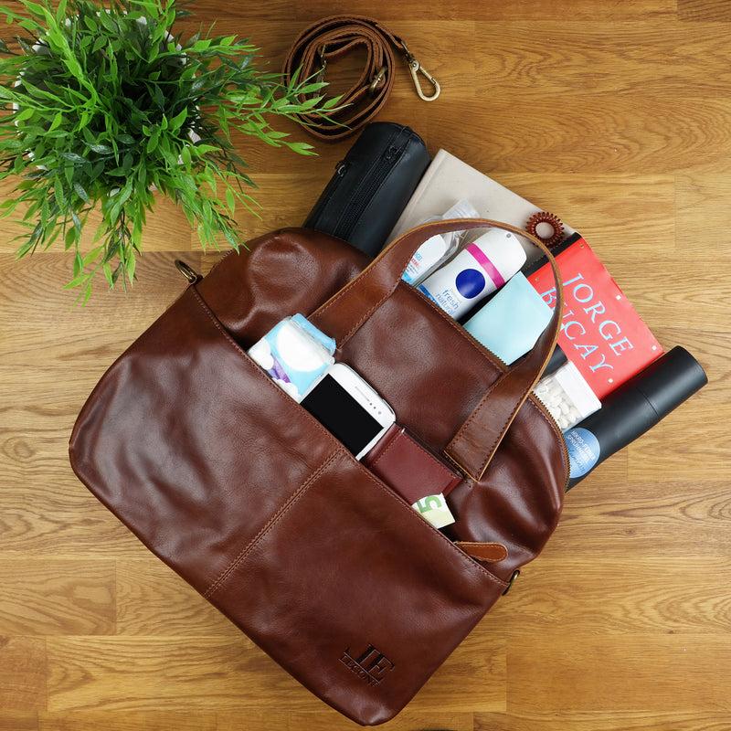 Leconi Schultertasche Henkeltasche Shopper Handtasche Damen Leder Braun LE0059