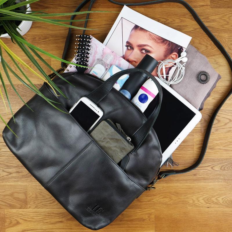 Leconi Schultertasche Henkeltasche Shopper Handtasche Damen Leder Dunkelgrau LE0059