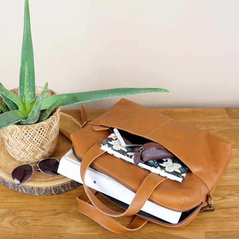 Leconi Schultertasche Henkeltasche Shopper Handtasche Damen Leder Cognac LE0059