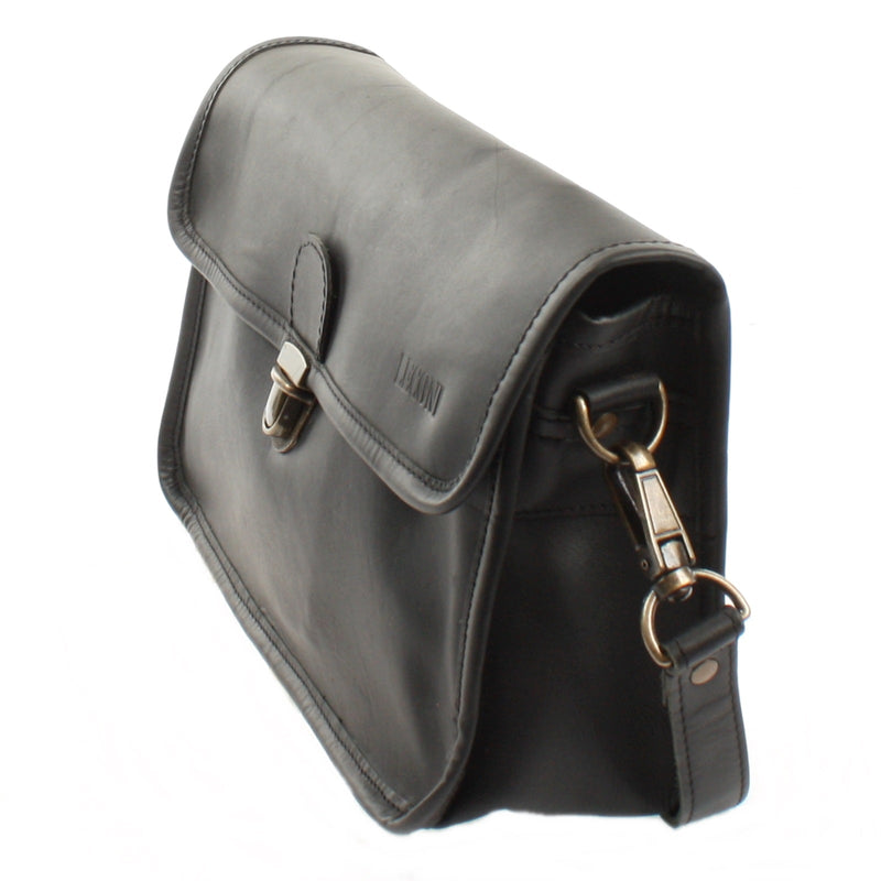 Leconi Schultertasche Umhängetasche Damen Leder Gewachstes Rindsleder Schwarz LE3044