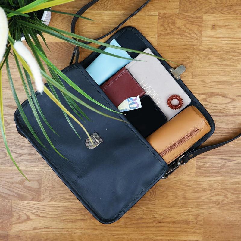 Leconi Schultertasche Umhängetasche Damen Leder Gewachstes Rindsleder Schwarz LE3044