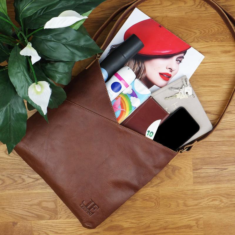 Leconi Schultertasche Umhängetasche Handtasche Leder Braun LE0065