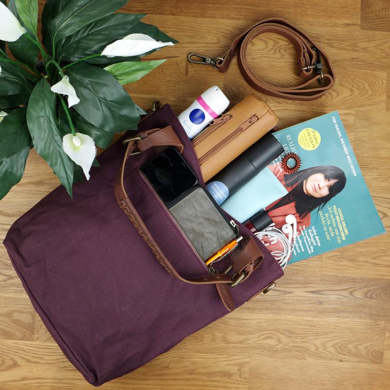 Leconi Schultertasche Umhängetasche Henkeltasche Shopper Damentasche Canvas Leder Bordeaux LE0054