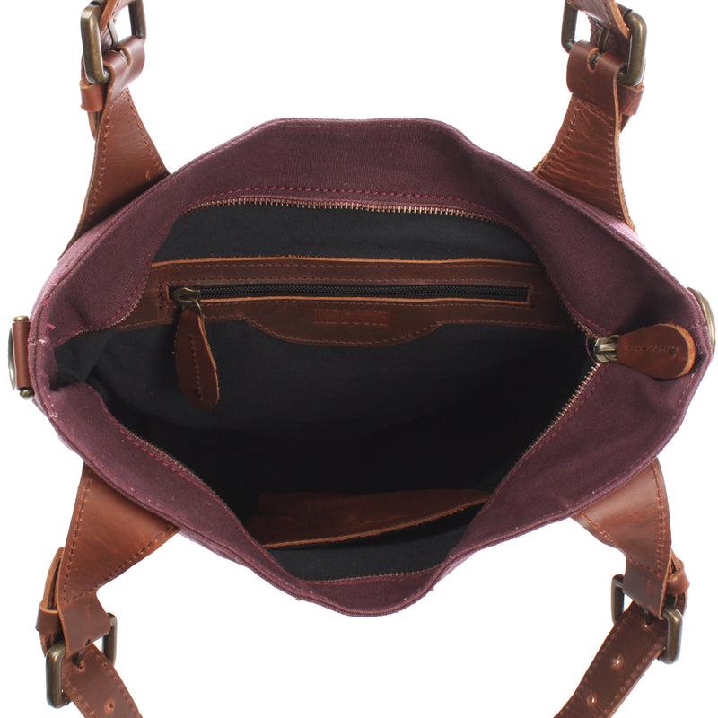 Leconi Schultertasche Umhängetasche Henkeltasche Shopper Damentasche Canvas Leder Bordeaux LE0054