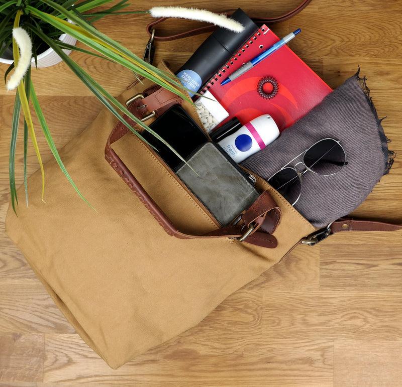 Leconi Schultertasche Umhängetasche Henkeltasche Shopper Damentasche Canvas Leder Cognac LE0054