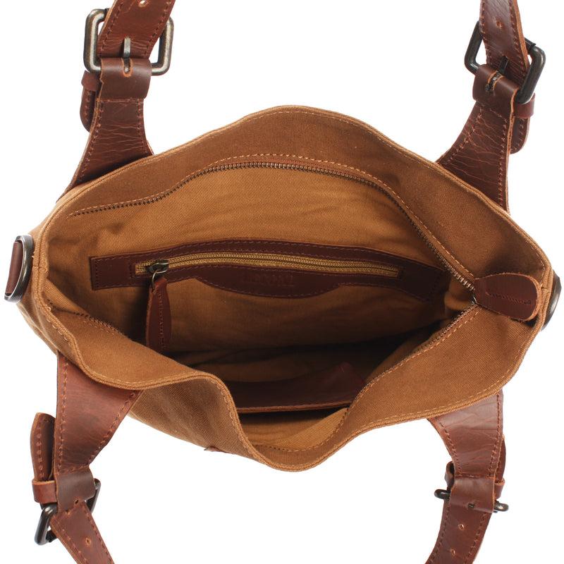 Leconi Schultertasche Umhängetasche Henkeltasche Shopper Damentasche Canvas Leder Cognac LE0054