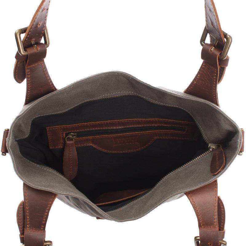 Leconi Schultertasche Umhängetasche Henkeltasche Shopper Damentasche Canvas Leder Grau LE0054
