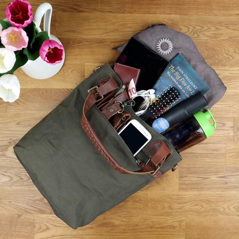 Leconi Schultertasche Umhängetasche Henkeltasche Shopper Damentasche Canvas Leder Grün LE0054