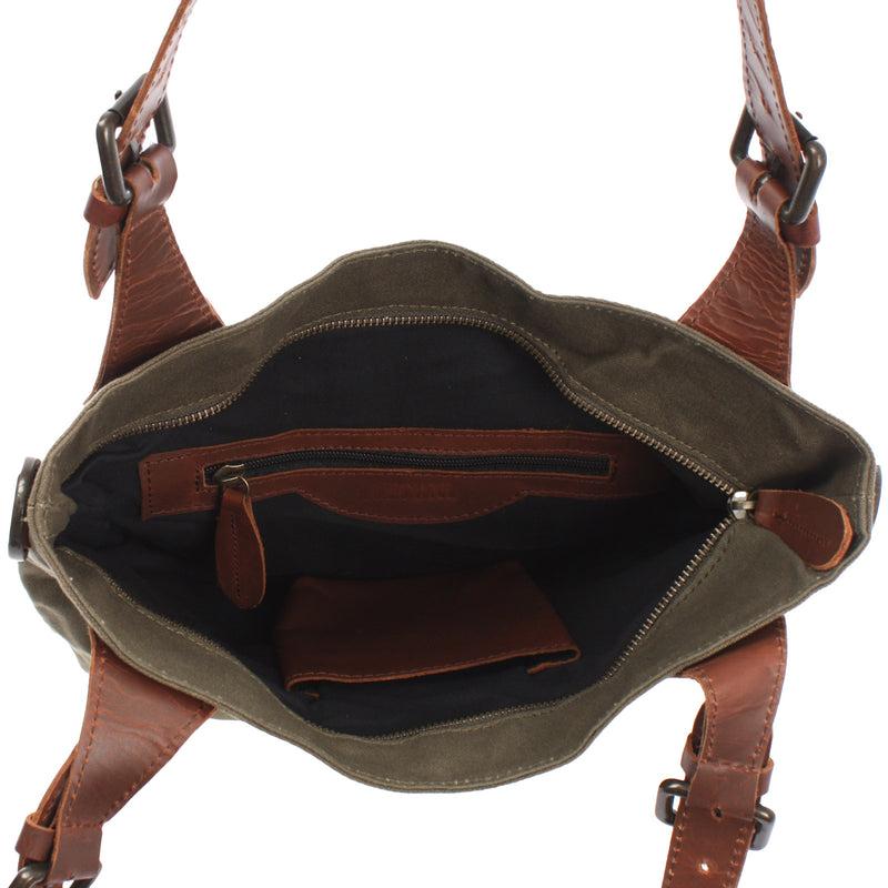 Leconi Schultertasche Umhängetasche Henkeltasche Shopper Damentasche Canvas Leder Grün LE0054