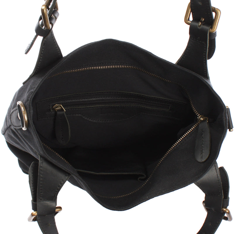 Leconi Schultertasche Umhängetasche Henkeltasche Shopper Damentasche Canvas Leder Schwarz LE0054