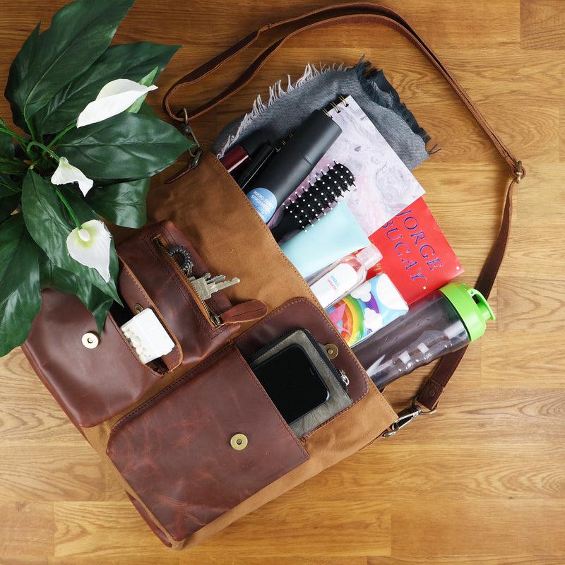 Leconi Schultertasche Umhängetasche Ledertasche Canvas Leder Cognac LE0039