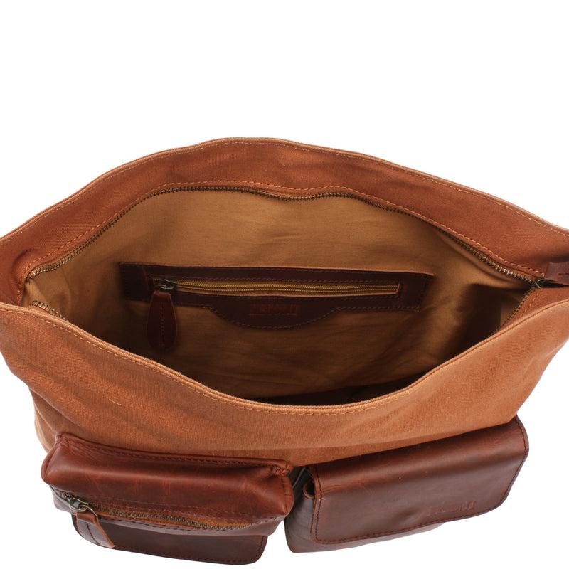 Leconi Schultertasche Umhängetasche Ledertasche Canvas Leder Cognac LE0039
