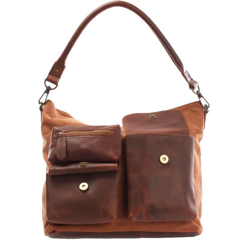 Leconi Schultertasche Umhängetasche Ledertasche Canvas Leder Cognac LE0039