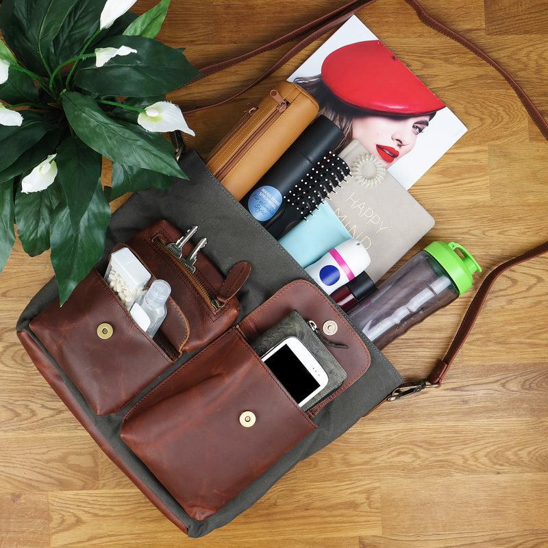 Leconi Schultertasche Umhängetasche Ledertasche Canvas Leder Grau LE0039