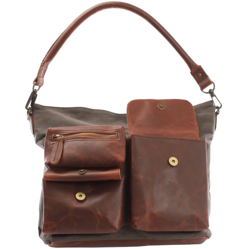 Leconi Schultertasche Umhängetasche Ledertasche Canvas Leder Grau LE0039