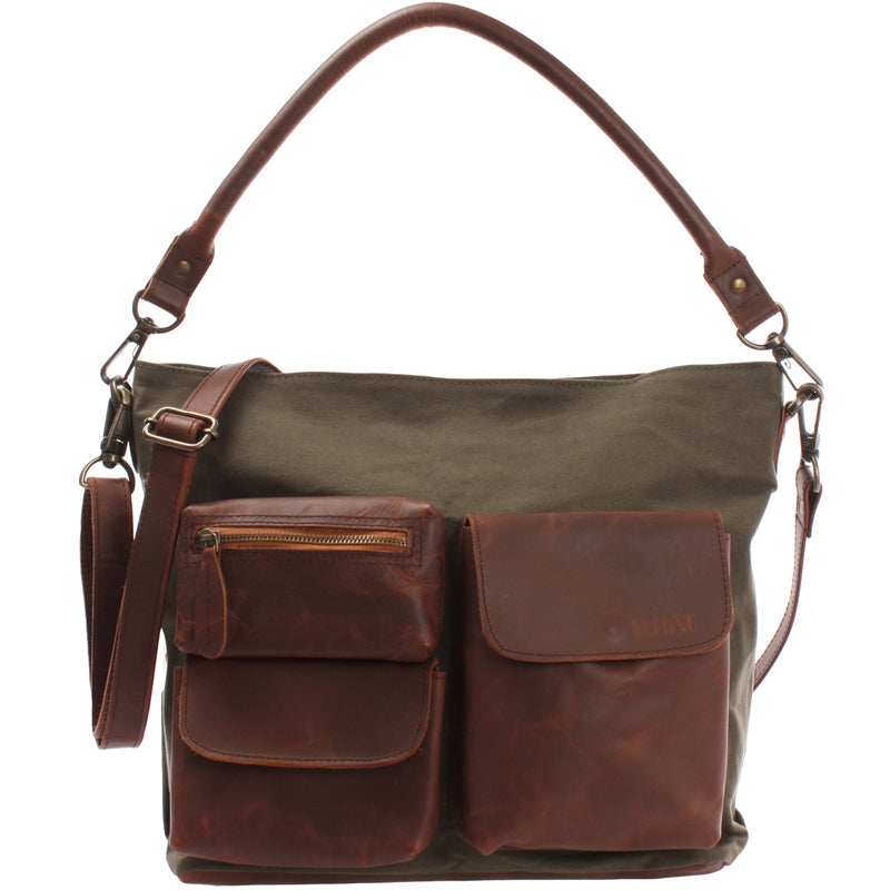 Leconi Schultertasche Umhängetasche Ledertasche Canvas Leder grün LE0039