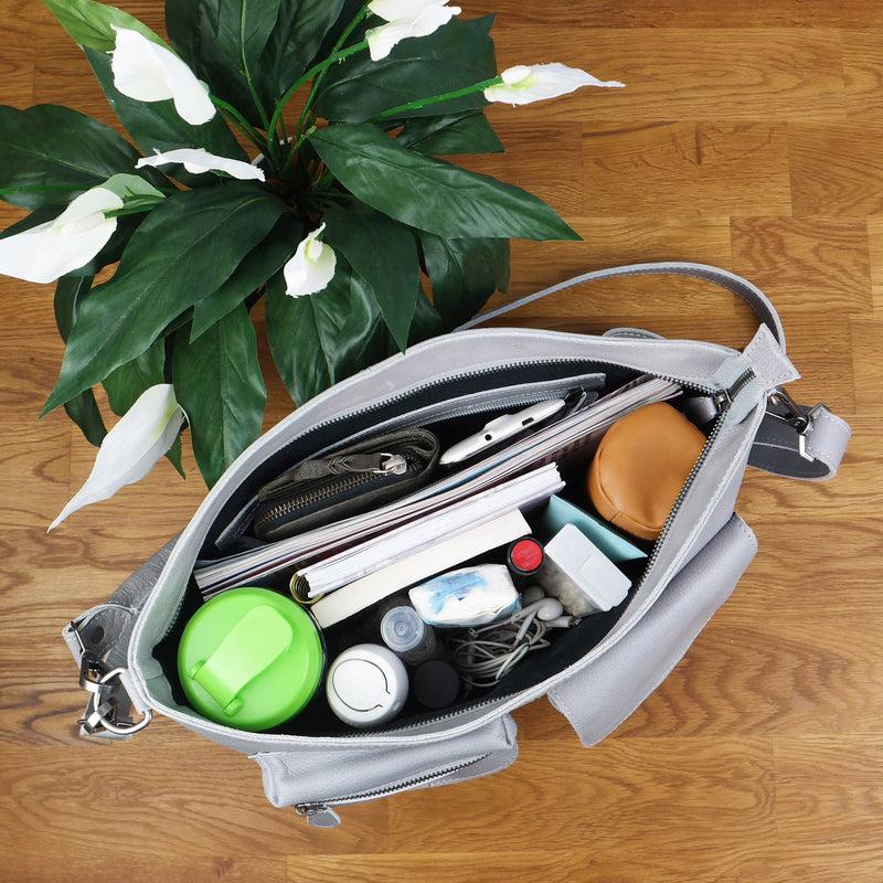 Leconi Schultertasche Umhängetasche Ledertasche Leder Damen Hellgrau LE0062