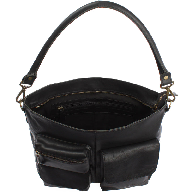 Leconi Schultertasche Umhängetasche Ledertasche Leder Damen Schwarz LE0062