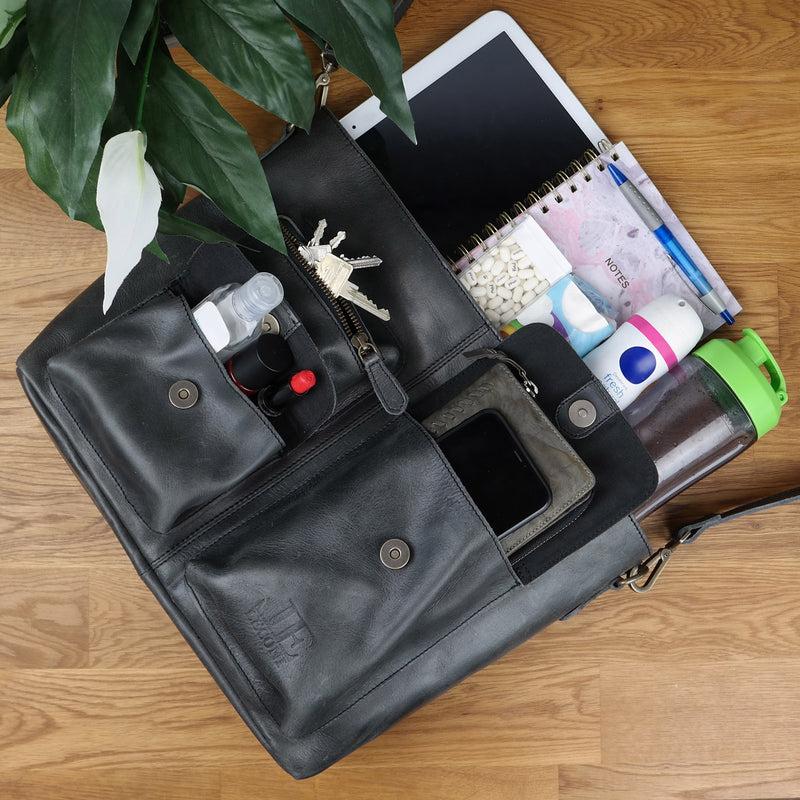 Leconi Schultertasche Umhängetasche Ledertasche Leder Damen Dunkelgrau LE0062