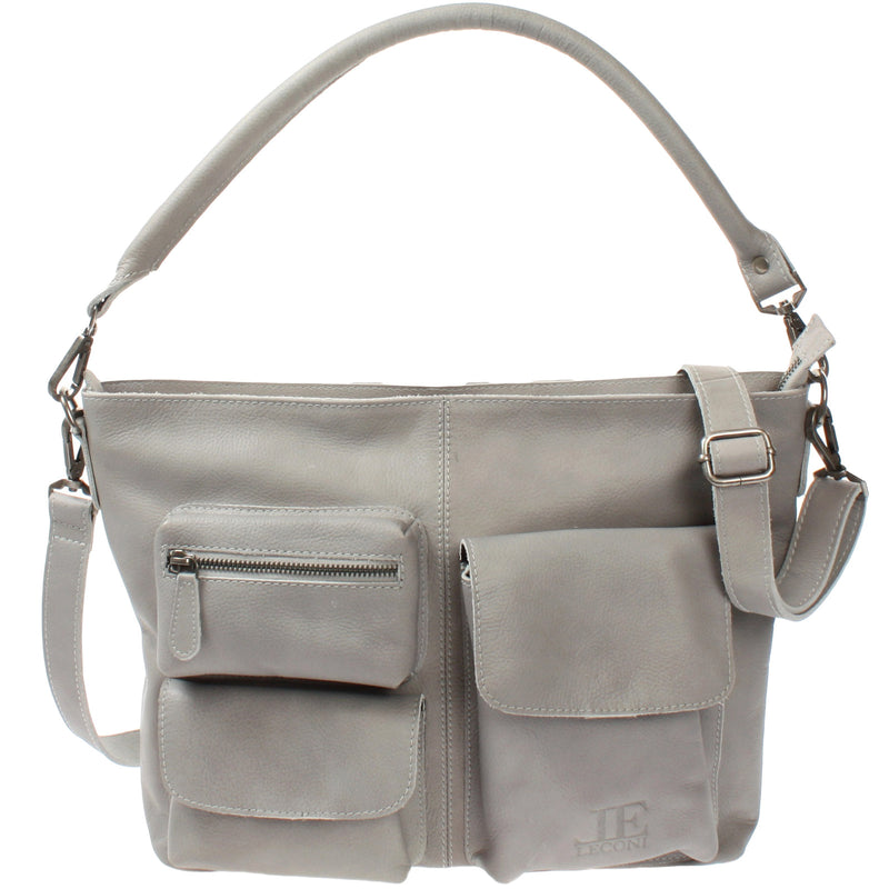Leconi Schultertasche Umhängetasche Ledertasche Leder Damen hellgrau LE0062