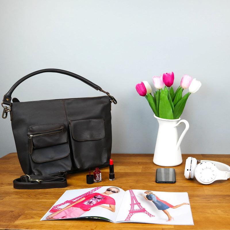 Leconi Schultertasche Umhängetasche Ledertasche Leder Dunkelbraun LE0039