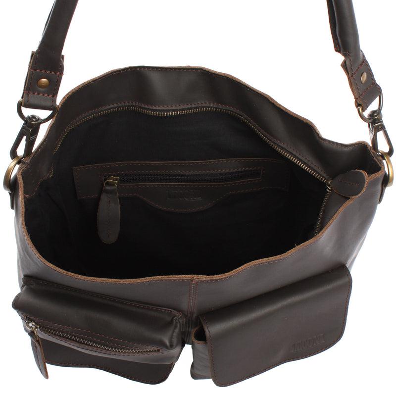 Leconi Schultertasche Umhängetasche Ledertasche Leder Dunkelbraun LE0039