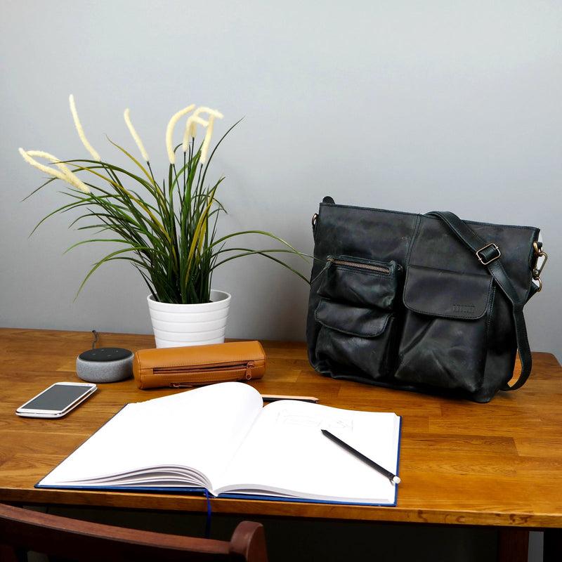 Leconi Schultertasche Umhängetasche Ledertasche Leder Grau LE0039