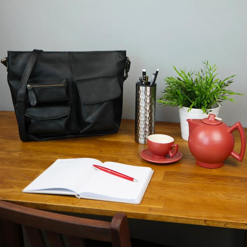 Leconi Schultertasche Umhängetasche Ledertasche Leder Schwarz LE0039