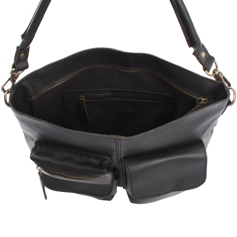 Leconi Schultertasche Umhängetasche Ledertasche Leder Schwarz LE0039