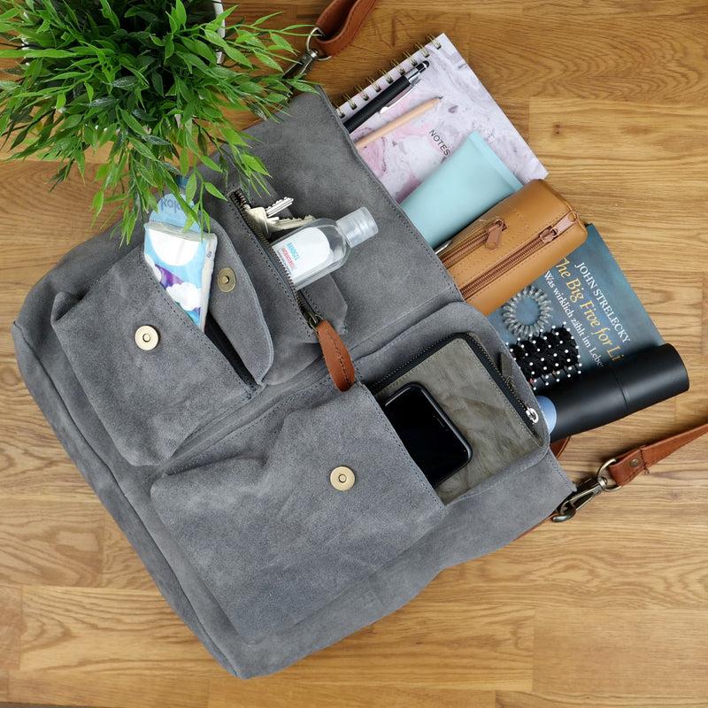 Leconi Schultertasche Umhängetasche Ledertasche Veloursleder Grau LE0039