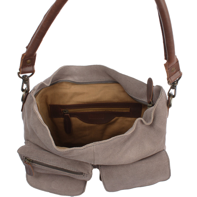 Leconi Schultertasche Umhängetasche Ledertasche Veloursleder Grau LE0039