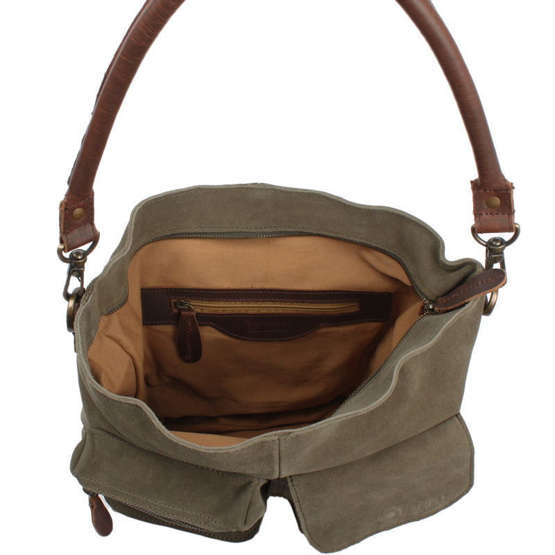 Leconi Schultertasche Umhängetasche Ledertasche Veloursleder Grün LE0039
