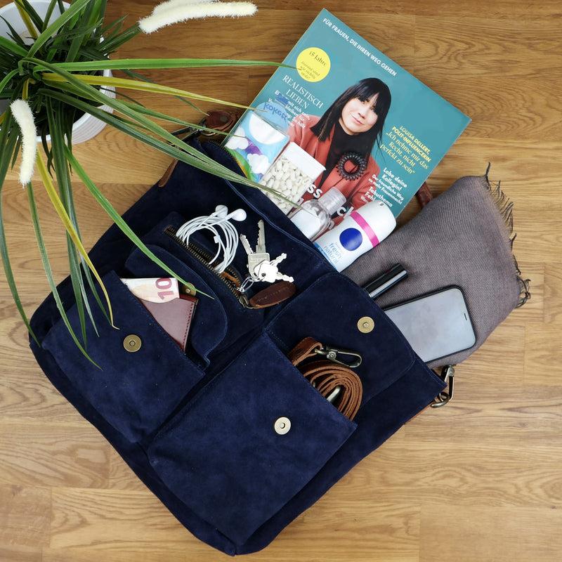 Leconi Schultertasche Umhängetasche Ledertasche Veloursleder Navy LE0039