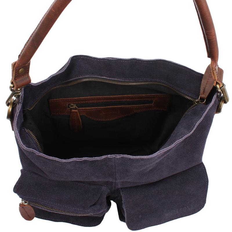 Leconi Schultertasche Umhängetasche Ledertasche Veloursleder Navy LE0039