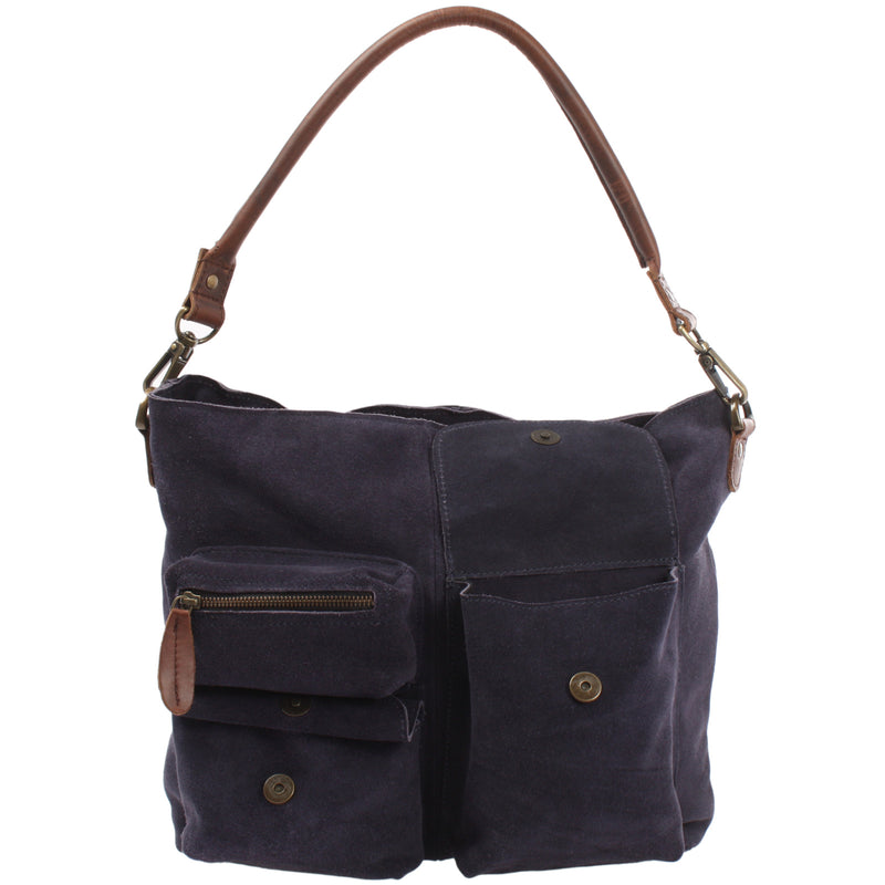 Leconi Schultertasche Umhängetasche Ledertasche Veloursleder Navy LE0039