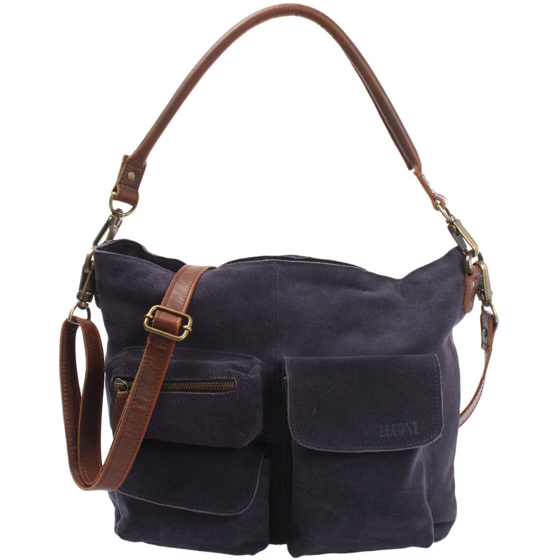 Leconi Schultertasche Umhängetasche Ledertasche Veloursleder navy LE0039