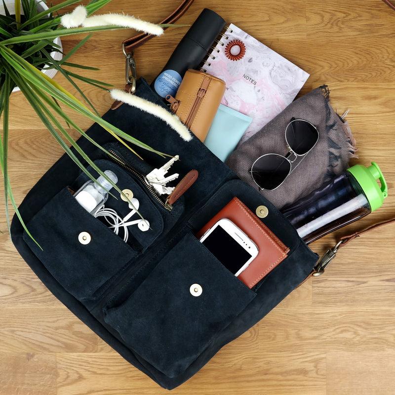 Leconi Schultertasche Umhängetasche Ledertasche Veloursleder Anthrazit LE0039