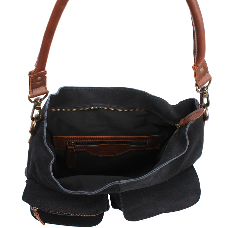 Leconi Schultertasche Umhängetasche Ledertasche Veloursleder Anthrazit LE0039